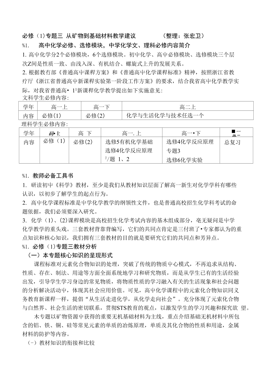 必修（1）专题三从矿物到基础材料教学建议（整理：张宏卫）_第1页