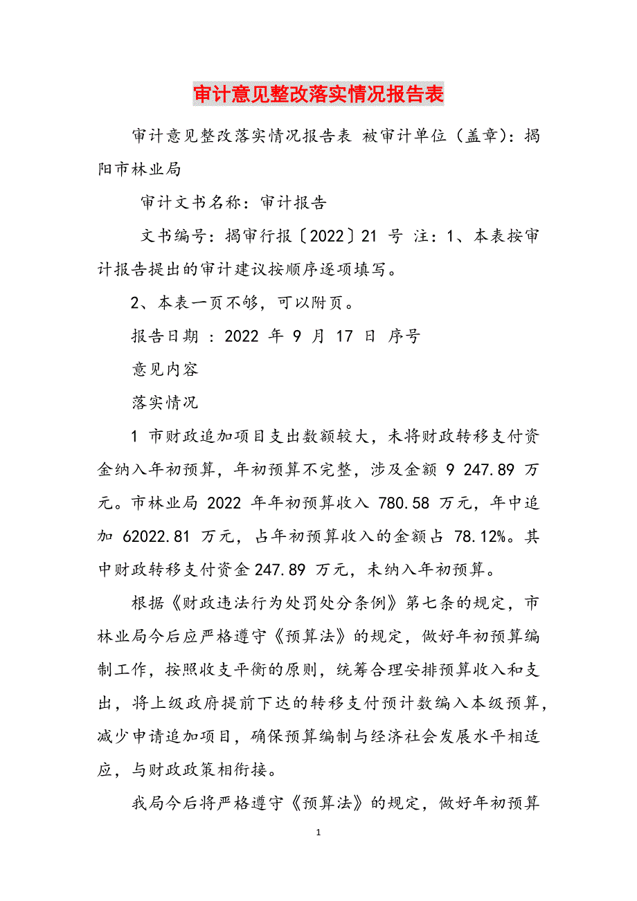 审计意见整改落实情况报告表范文_第1页