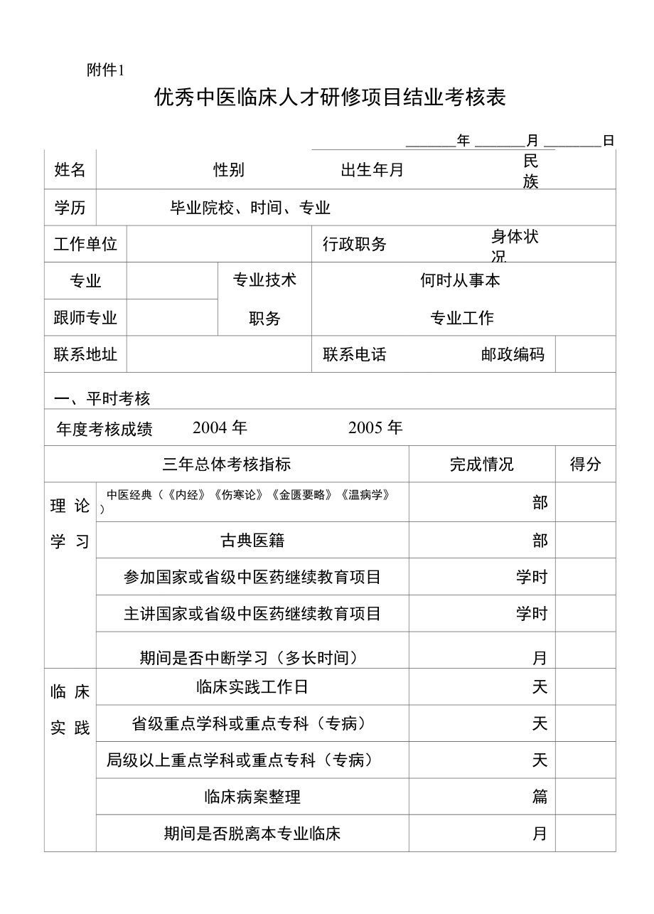 优秀中医临床人才研修项目结业考核表 - 国家中医药管理局_第1页