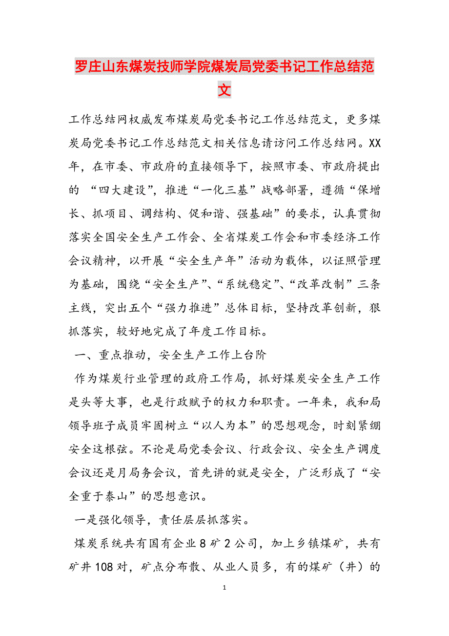 罗庄山东煤炭技师学院煤炭局党委书记工作总结范文范文_第1页