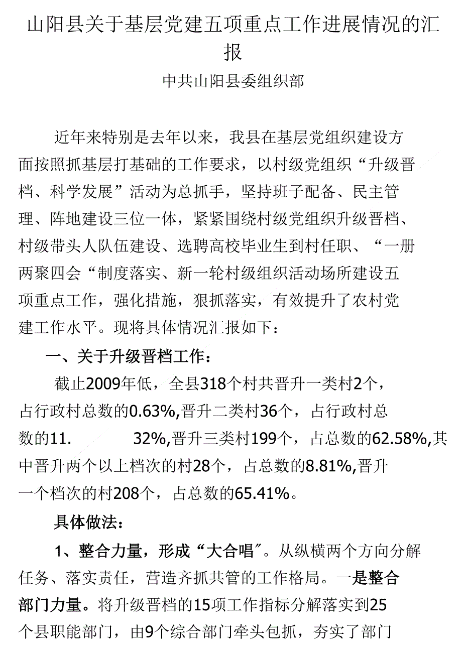 【精品】山阳县关于基层党建五项重点工作的汇报_第1页