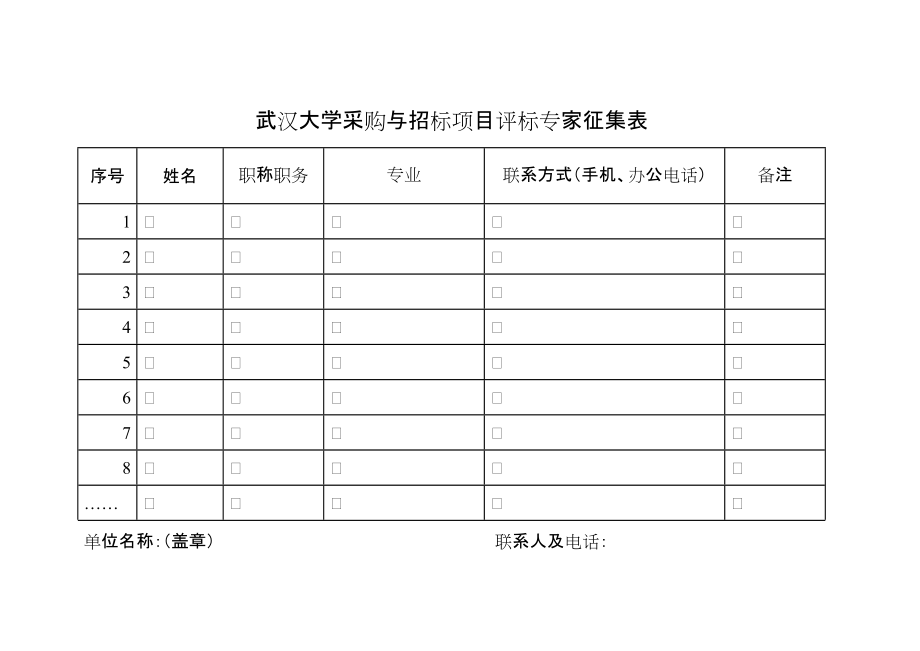 武汉大学采购与招标项目评标专家征集表_第1页