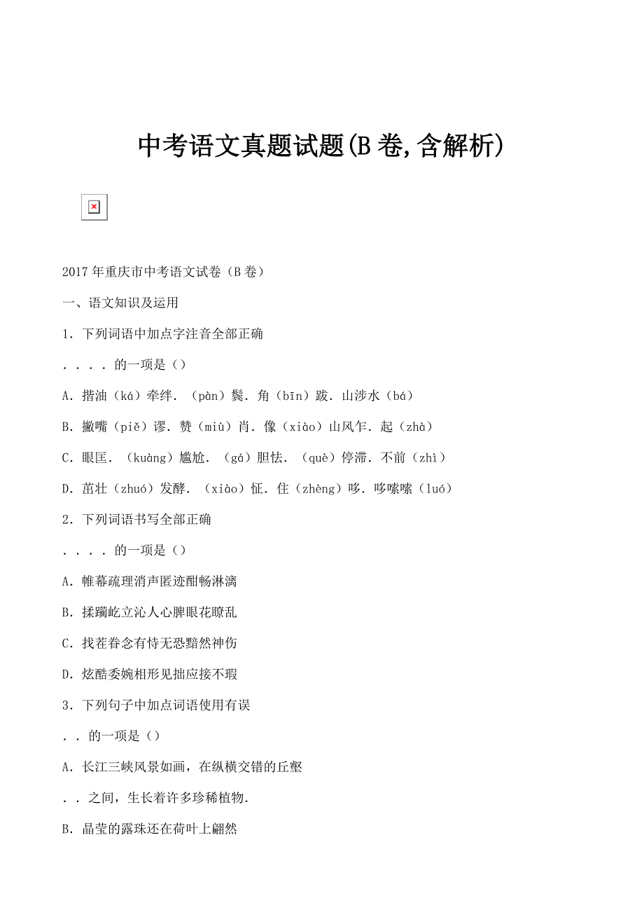 中考语文真题试题(B卷,含解析)_第1页