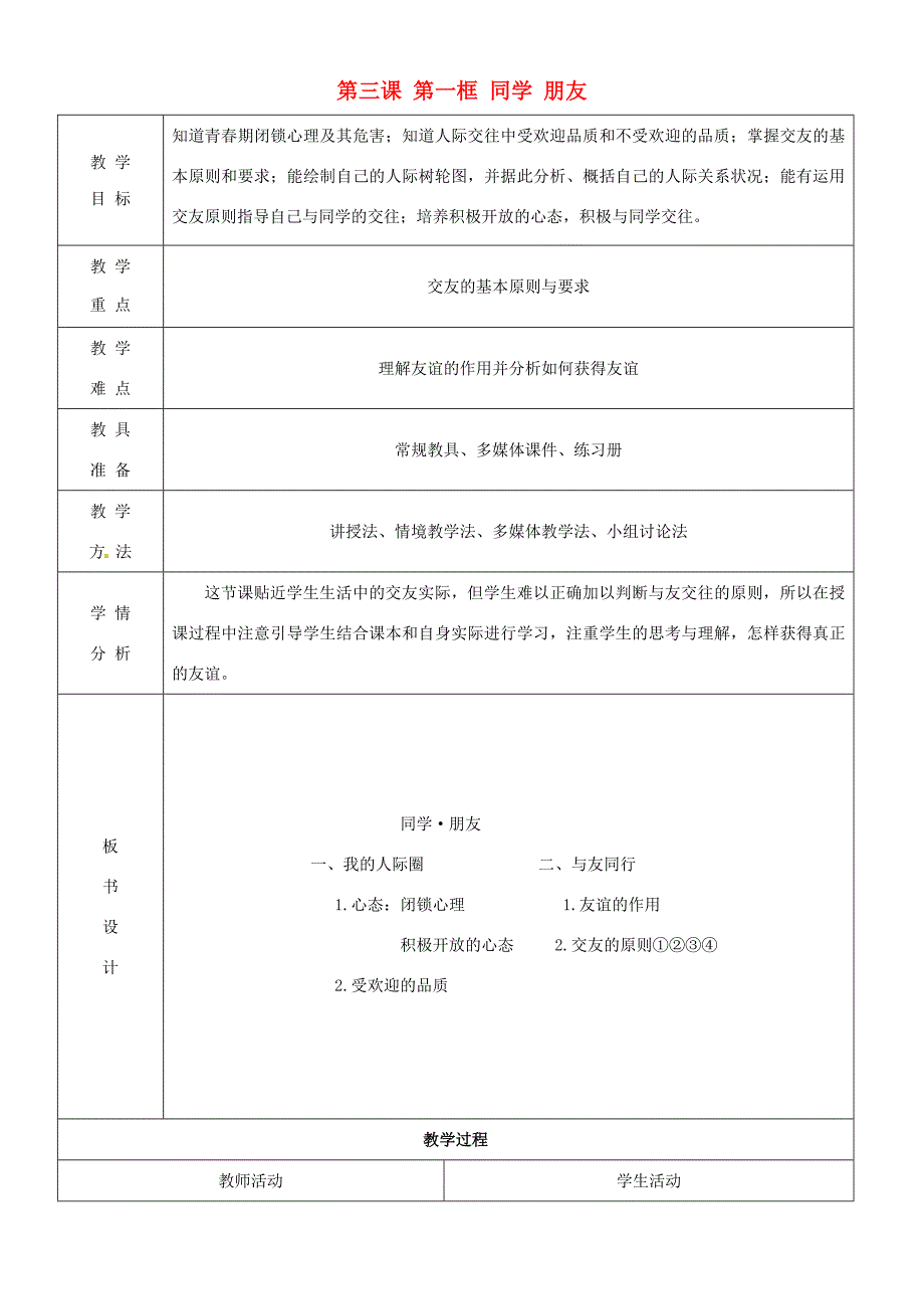 八年级政治上册 第三课 第一框 同学 朋友教学设计 新人教版 教案_第1页