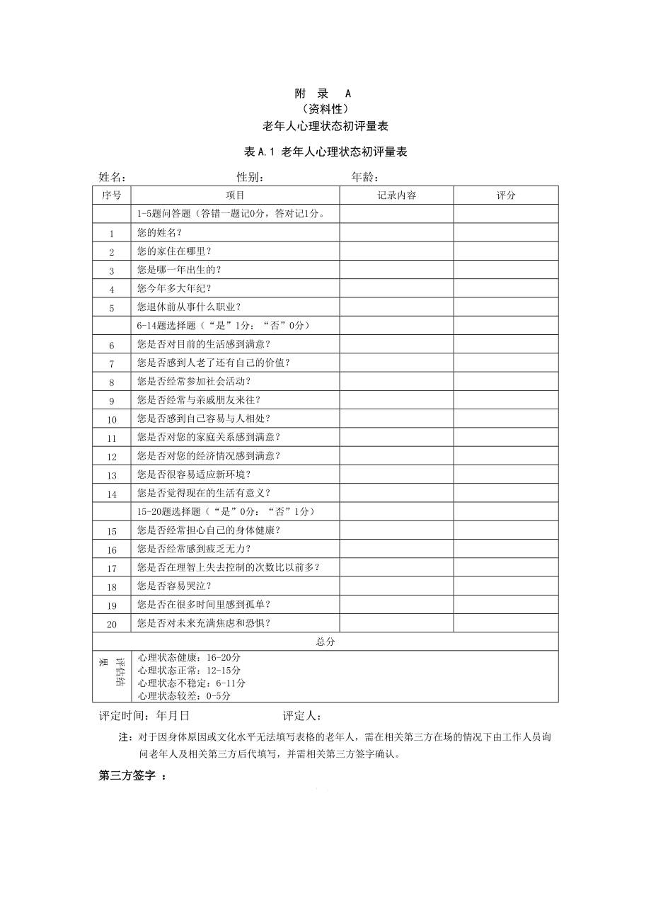 老年人心理状态初评量表、焦虑自评量表、抑郁量表、心理状态评估量表、简易智力状态检查量表、满意度调查问卷_第1页