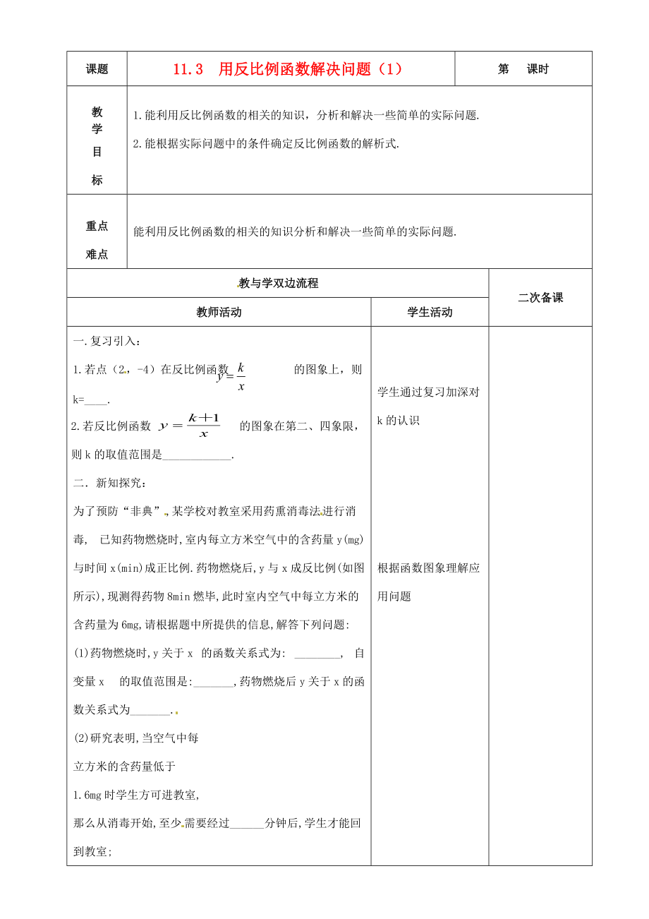 八年级数学下册 11.3 用反比例函数解决问题教案1 (新版)苏科版 教案_第1页