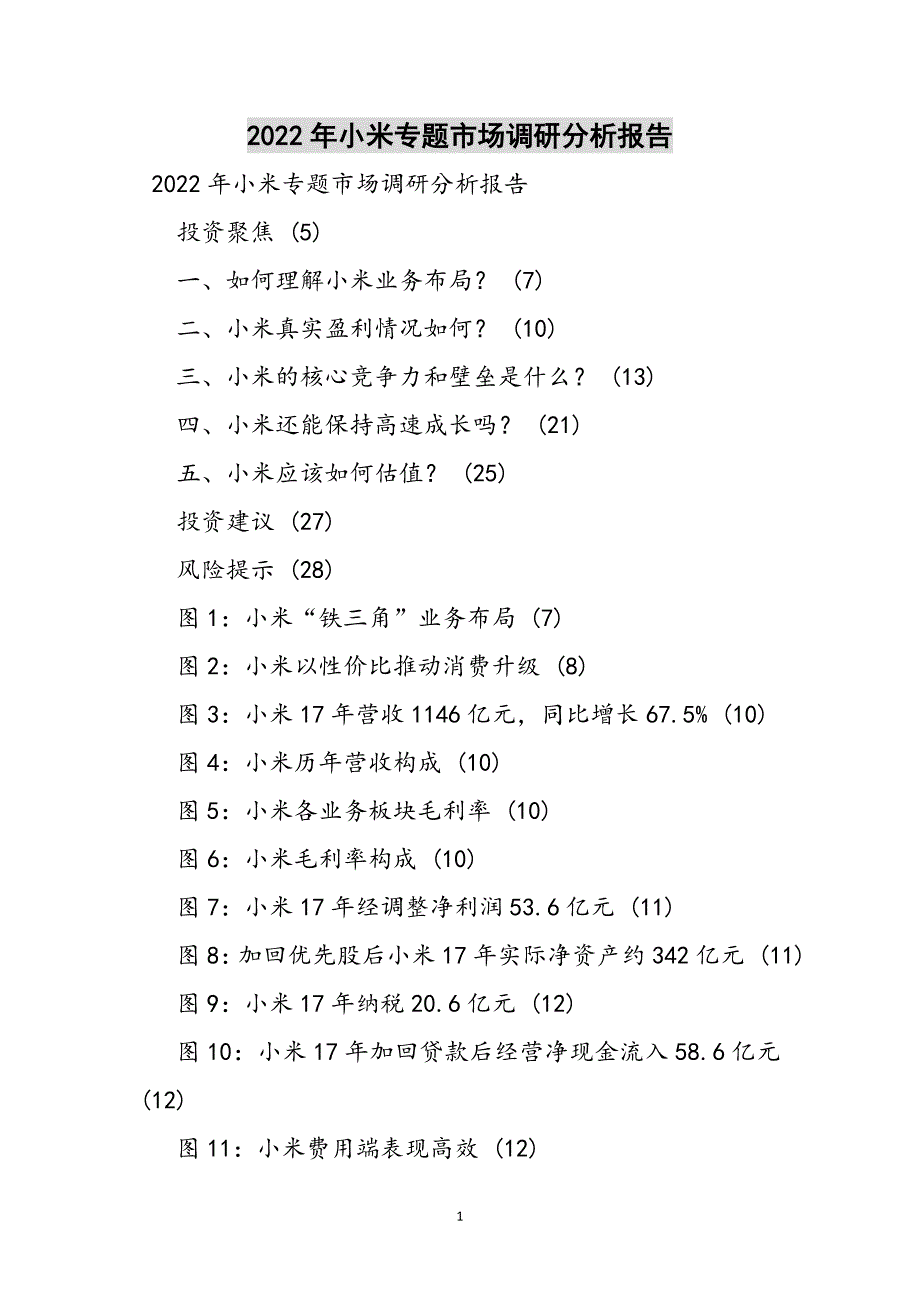 2022年小米专题市场调研分析报告参考范文_第1页