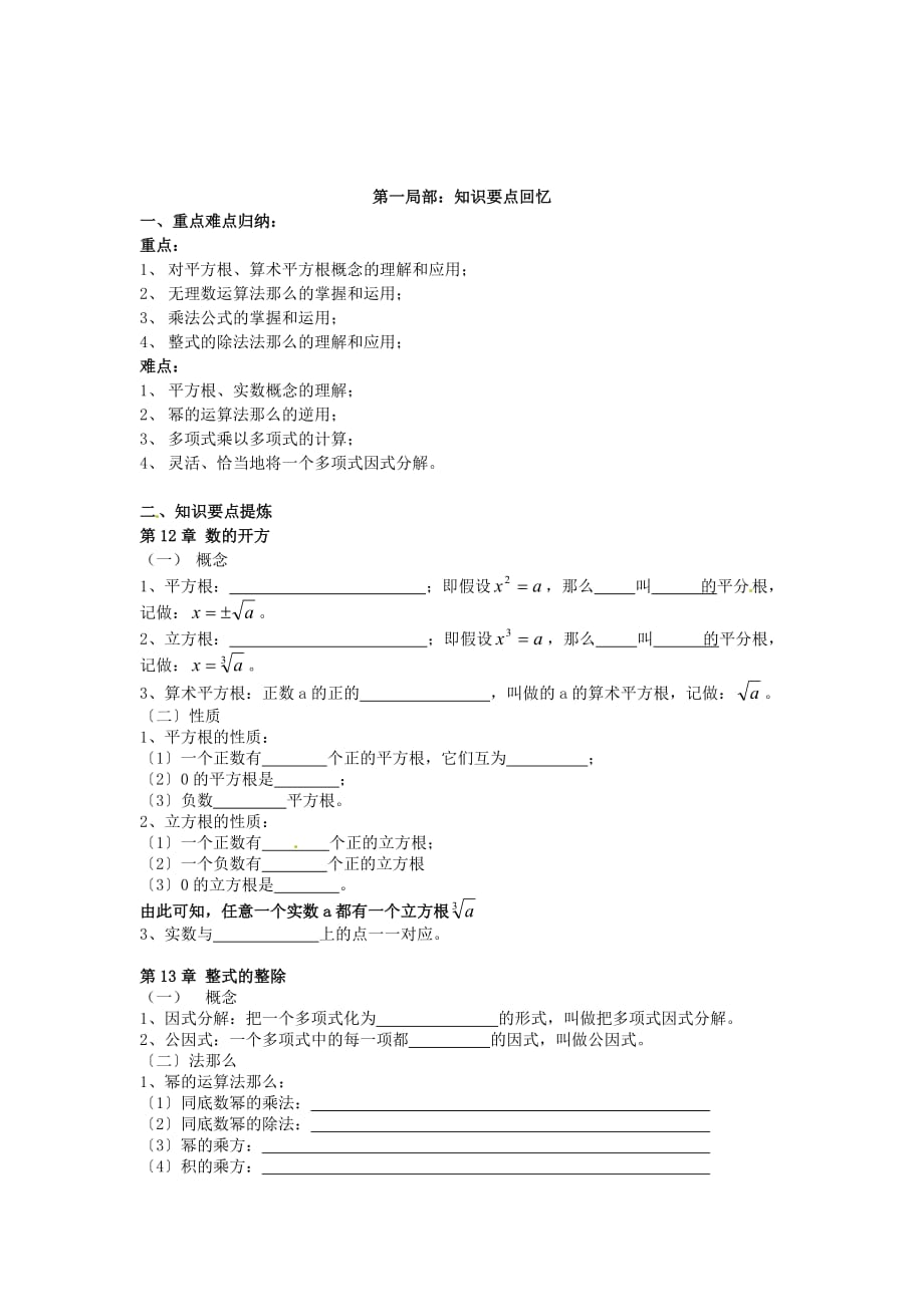 （整理版）广东省徐闻县梅溪中学八年级数学上册代数部分总复习_第1页