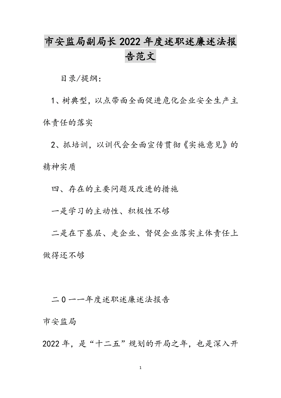 市安监局副局长2022年度述职述廉述法报告范文_第1页