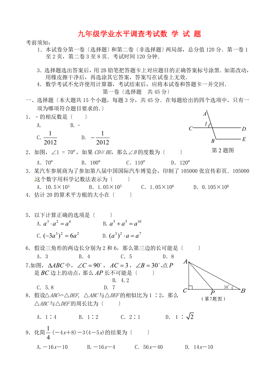 （整理版）九年级学业水平调查考试数学试题_第1页