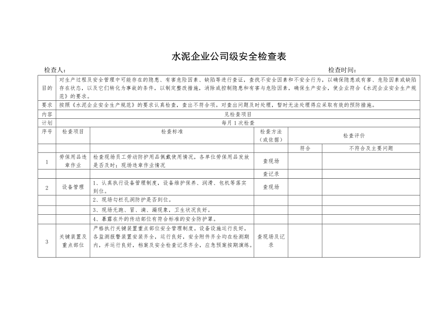 水泥企业公司级安全检查表_第1页