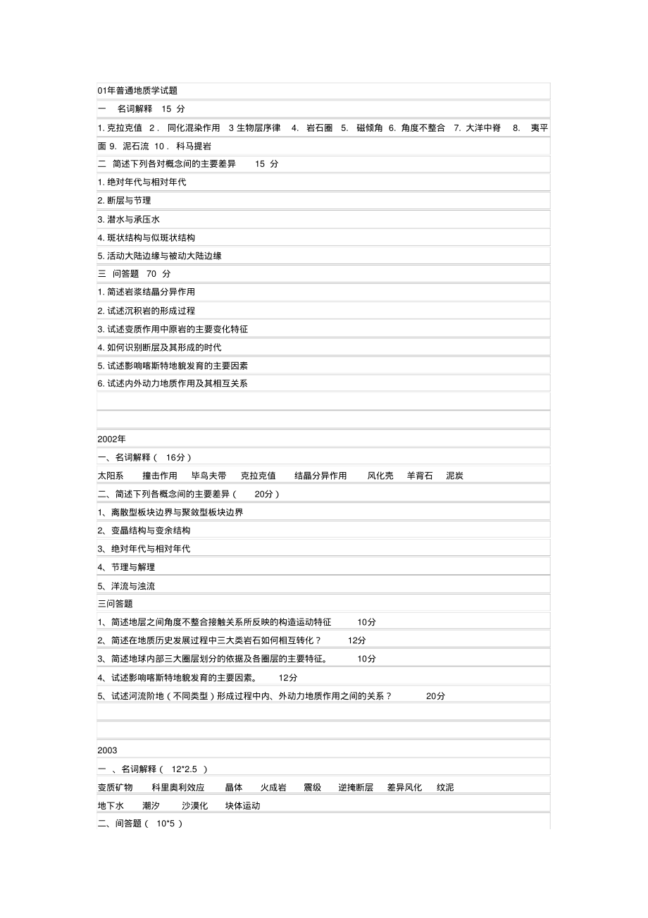 (完整版)兰州大学历年普通地质学考研真题_第1页