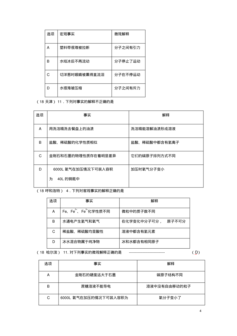 2018年中考化学真题分类汇编1物质的构成和变化考点1物质的构成1宏观现象微观解释2复杂解释(无答案)_第4页