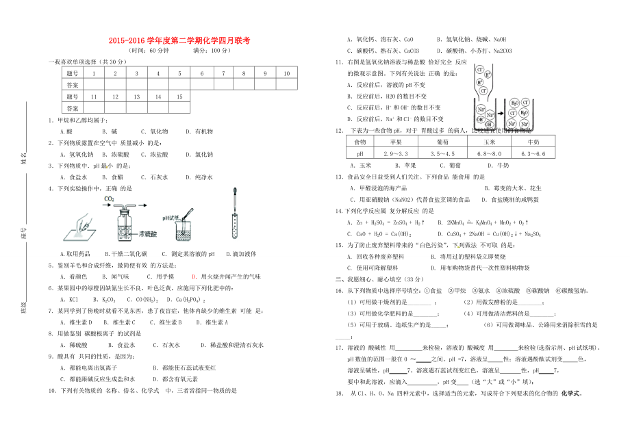 九年级化学第二次联考试题(无答案) 试题_第1页