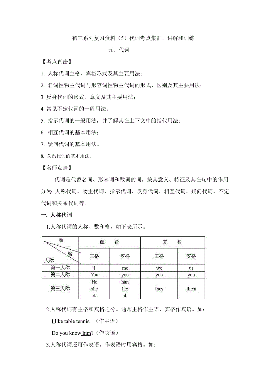 九年级英语中考复习(5)代词考点集汇讲解和训练 试题_第1页