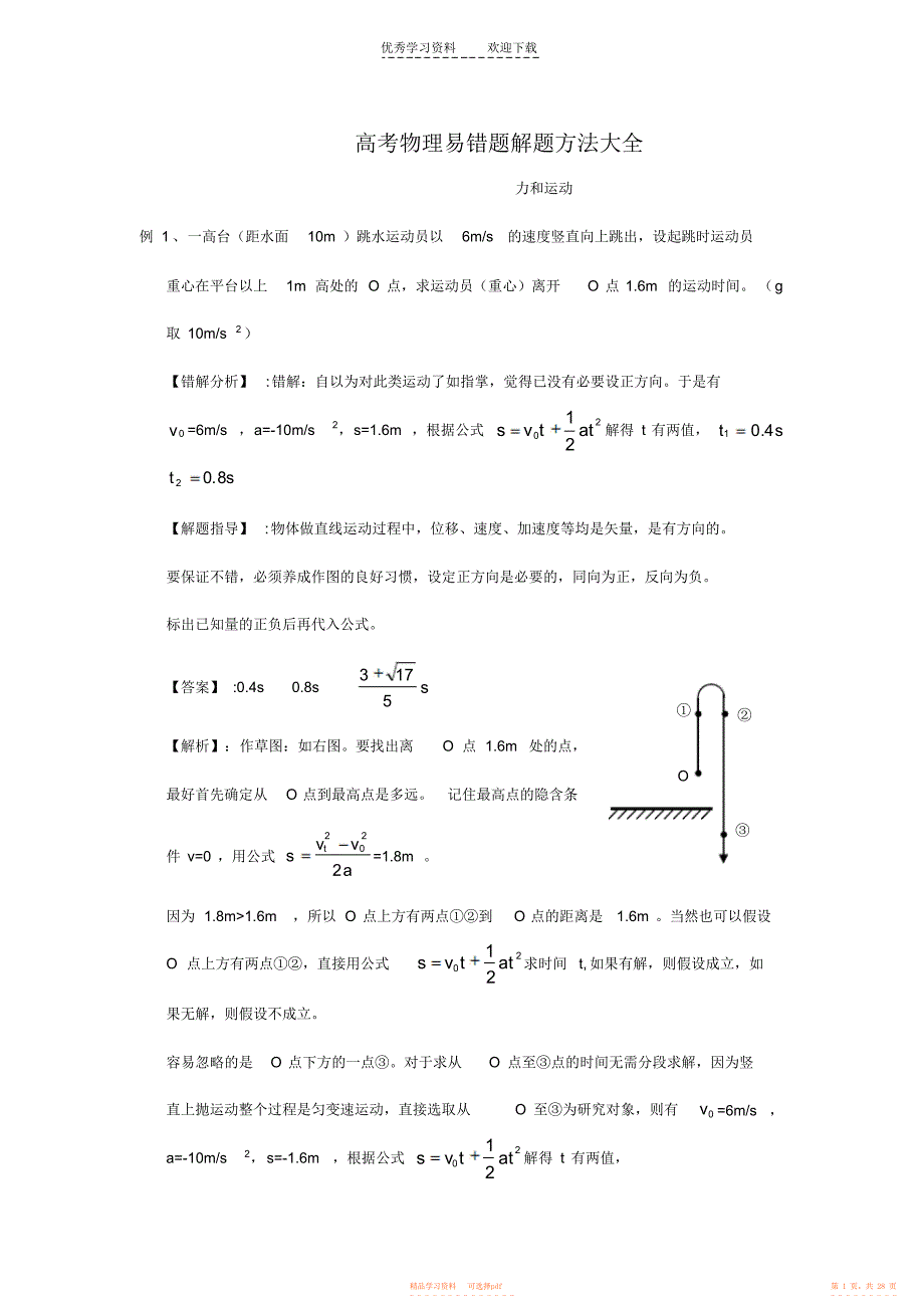 2021年高考物理易错题解题方法大全_第1页