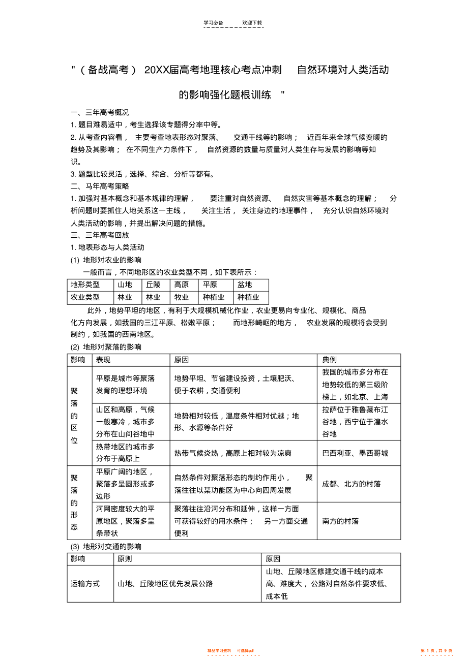 2021年高考地理核心考点冲刺自然环境对人类活动的影响强化题根训练_第1页