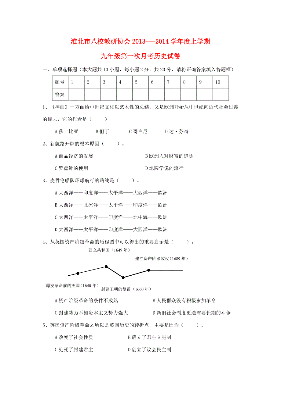 九年级历史第一次月考试卷(无答案) 新人教版 试题_第1页