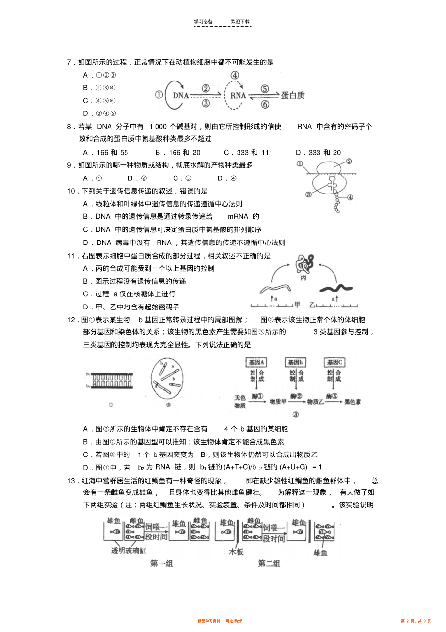 2021年高三生物专题练习【基因的本质和表达】必修二第三四章_第2页