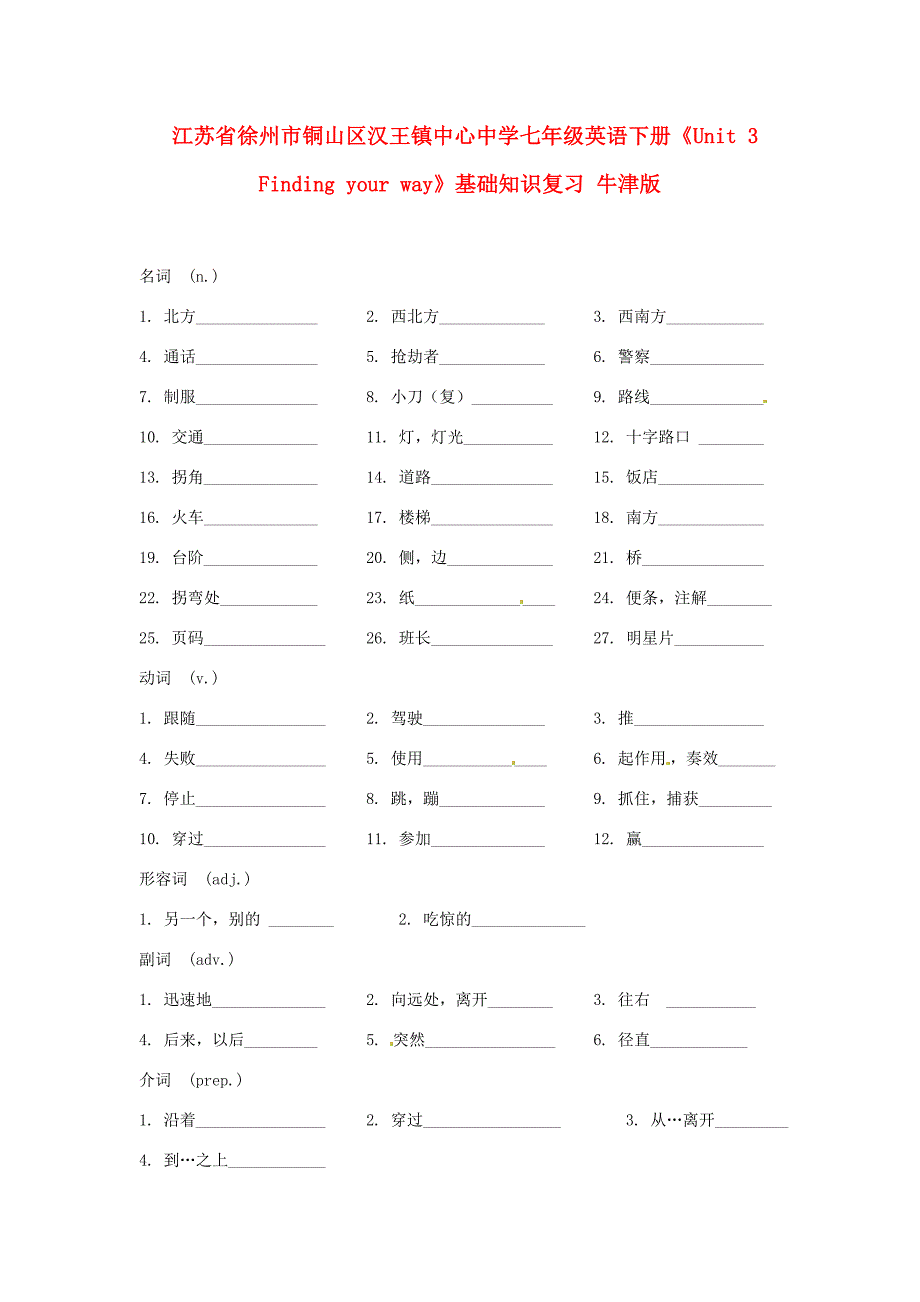 七年级英语下册(Unit 3 Finding your way)基础知识复习(无答案) 牛津版 试题_第1页