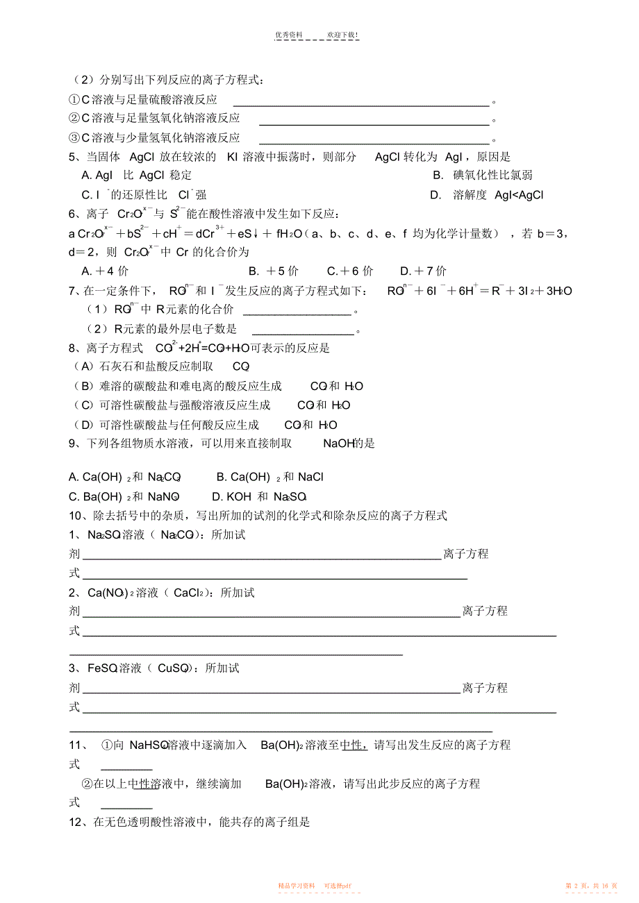 2021年高中离子方程式经典练习题_第2页