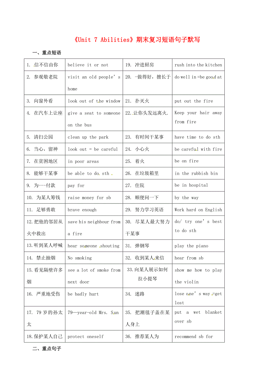 七年级英语下册(Unit 7 Abilities)期末复习短语句子默写 (新版)牛津版 试题_第1页