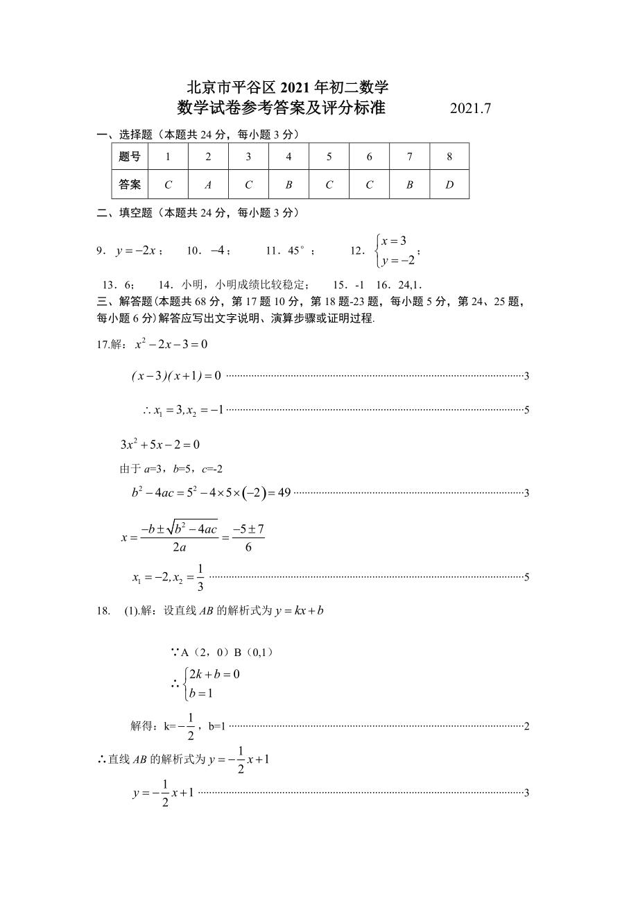 平谷区2020-2021学年度第二学期期末调研试卷八年级数学答案_第1页