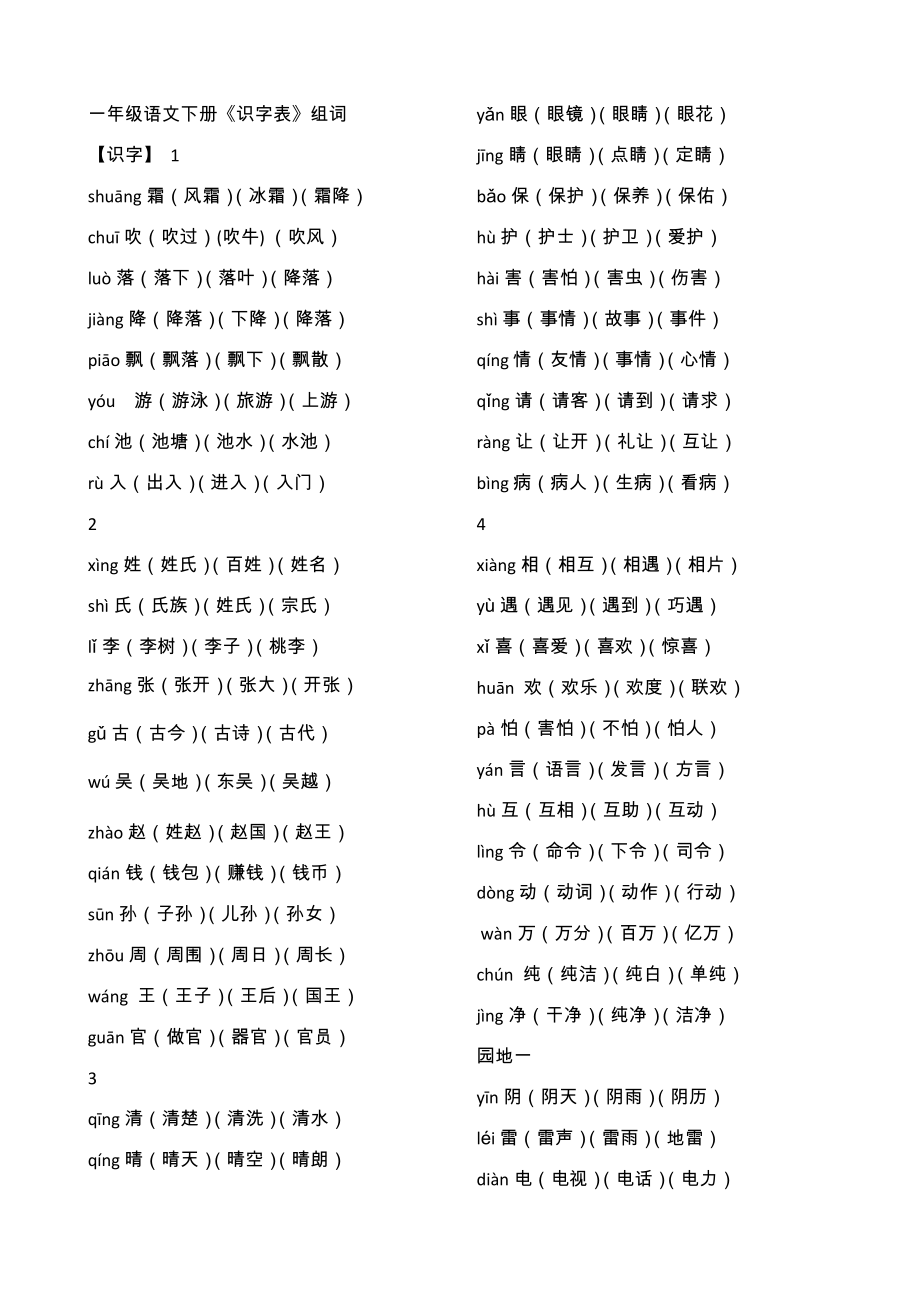 最新整理版新人教版一年级 语文下册《识字表》生字带拼音三词_第1页