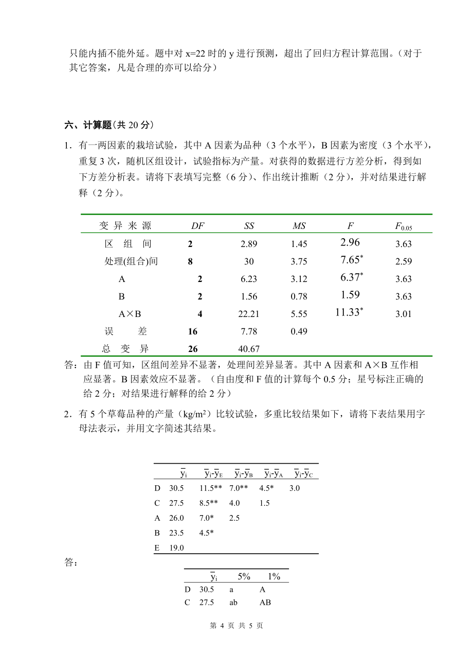 试验设计与统计分析B卷答案_第4页