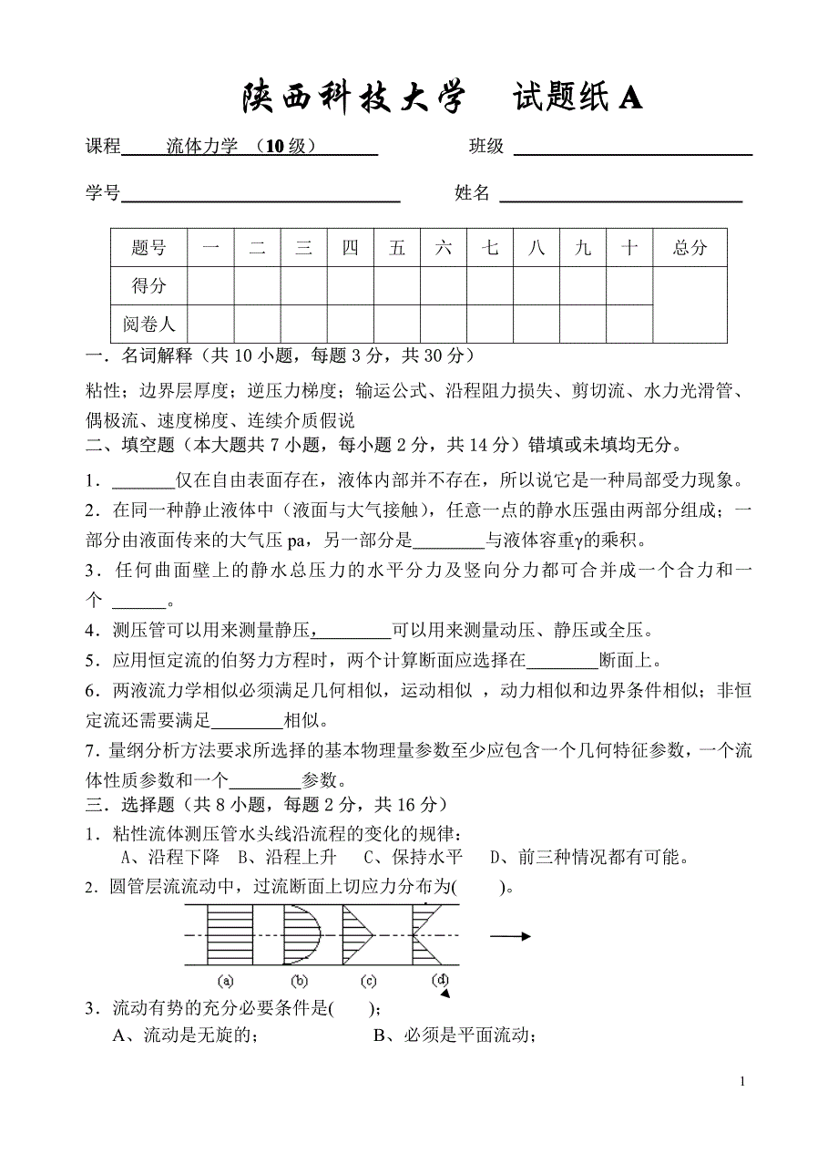 陕科大-流体力学试卷及答案_第1页