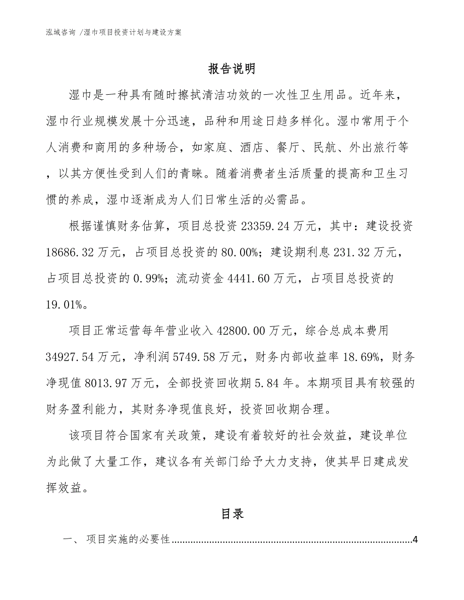 湿巾项目投资计划与建设方案（模板）_第1页