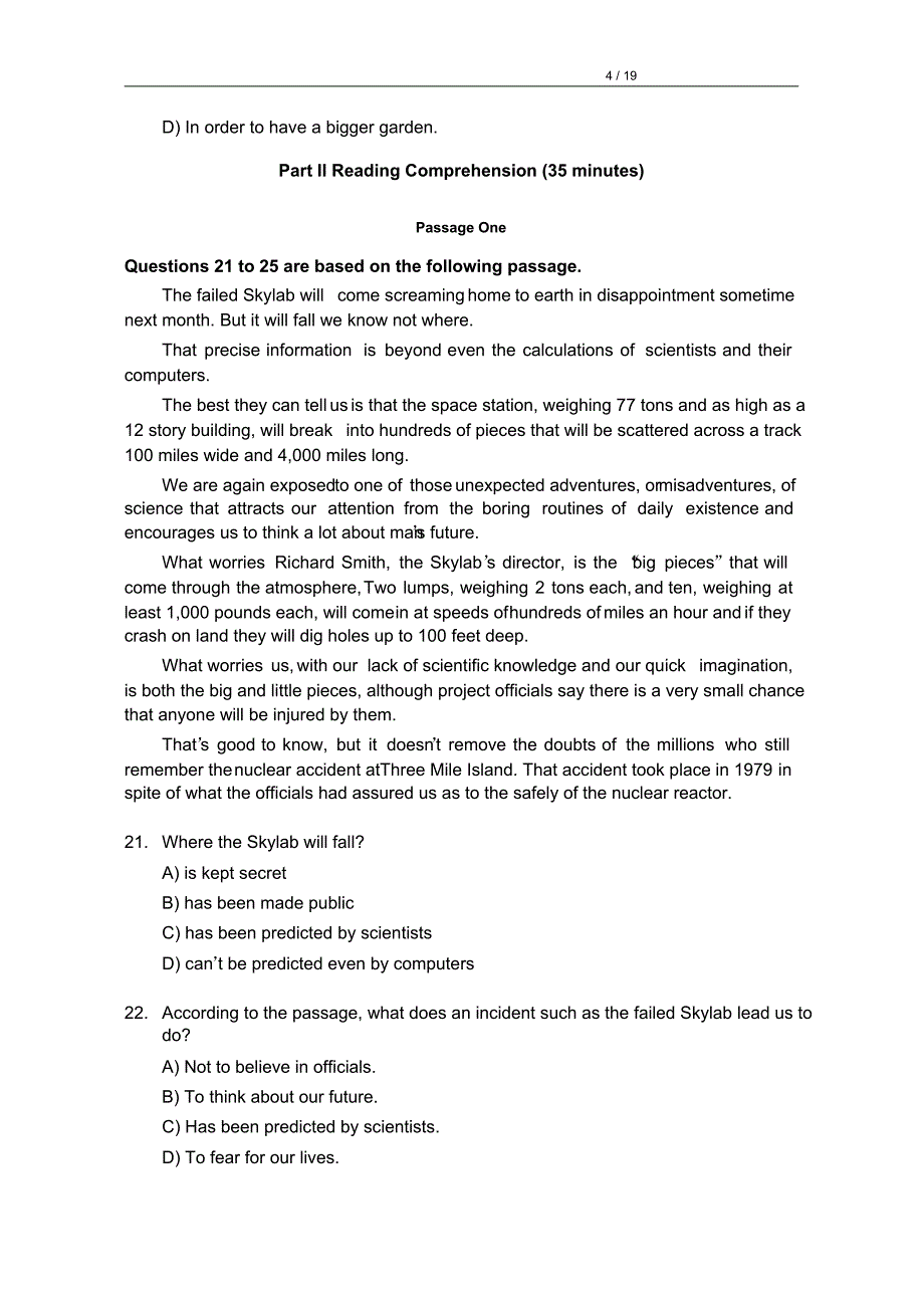 1994年6月大学英语四级(CET-4)真题试卷及参考答案_第4页