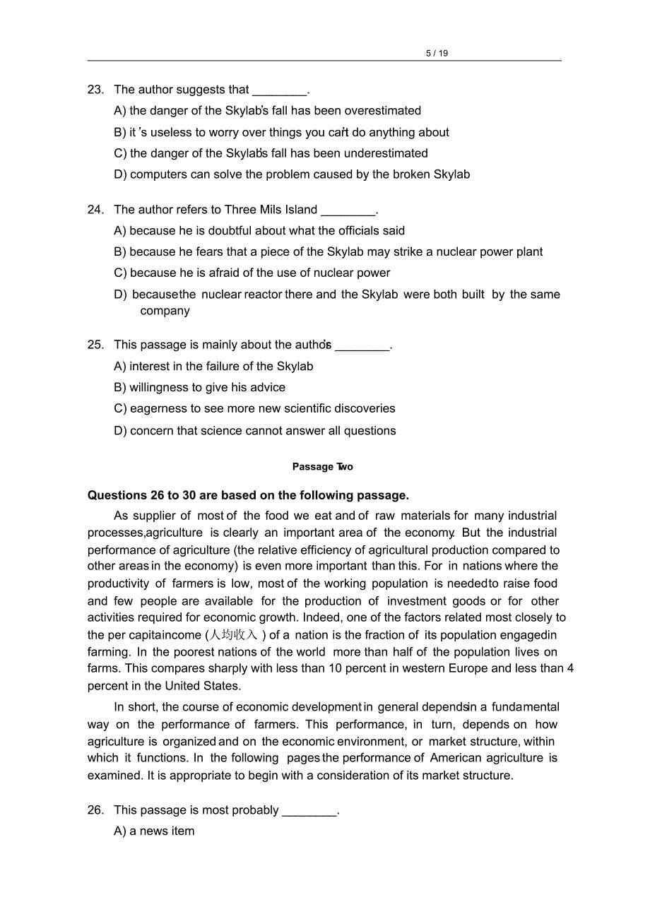 1994年6月大学英语四级(CET-4)真题试卷及参考答案_第5页