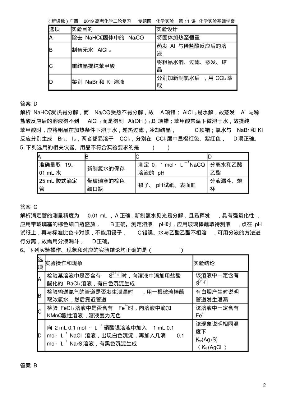 (新课标)广西2019高考化学二轮复习专题四化学实验第11讲化学实验基础学案_第2页