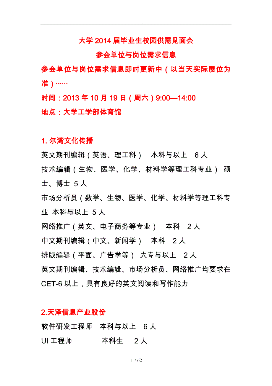 毕业生校园供需见面会参会单位与岗位需求信息_第1页