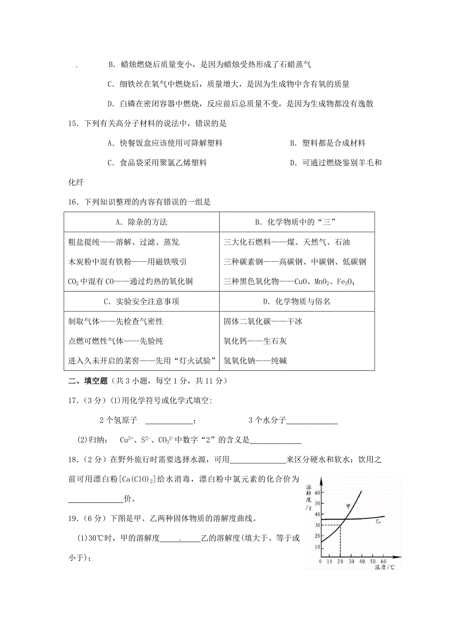 届中考化学测试试题(无答案) 试题_第3页