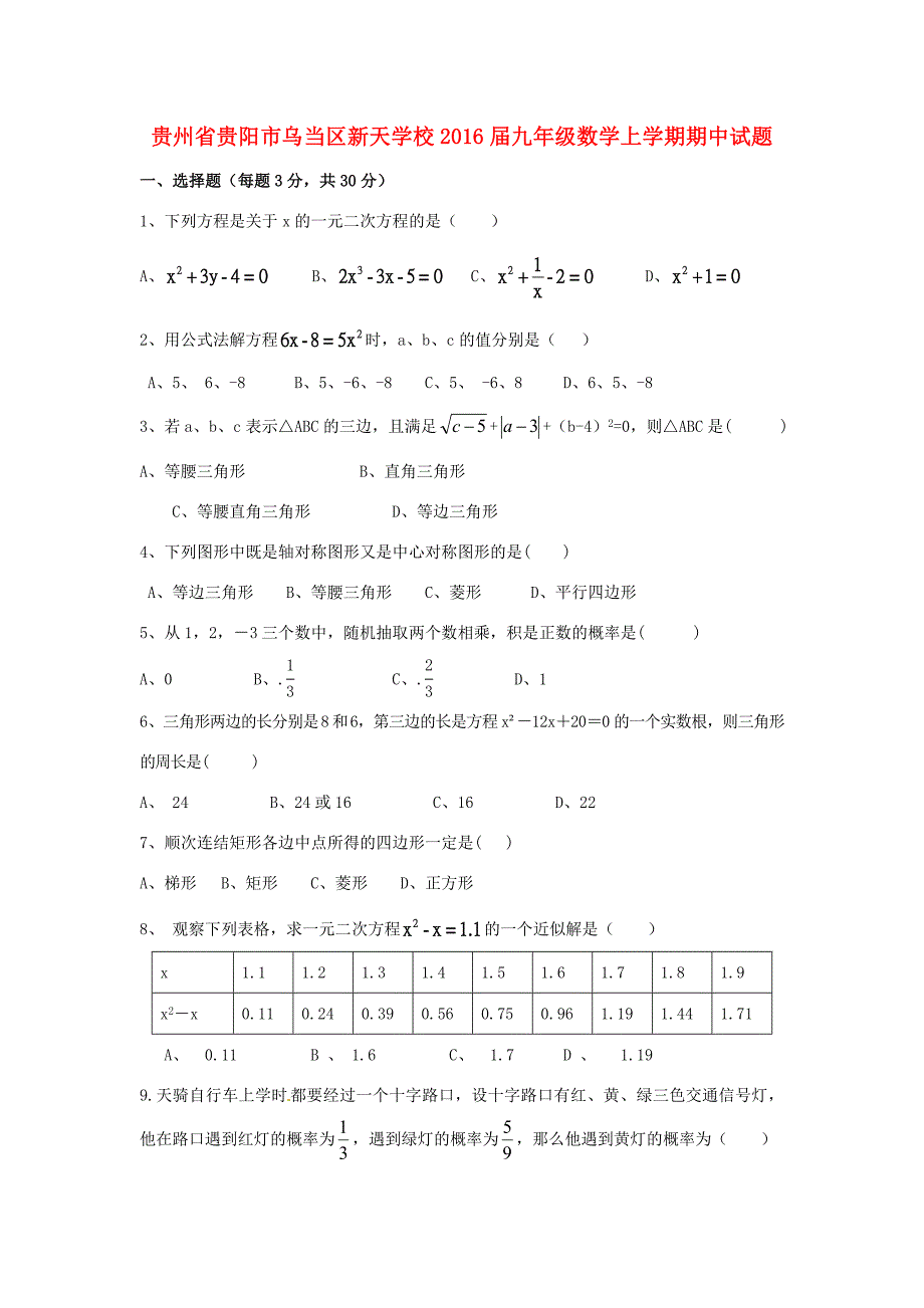 届九年级数学上学期期中试题(答案不全) 新人教版 试题_第1页