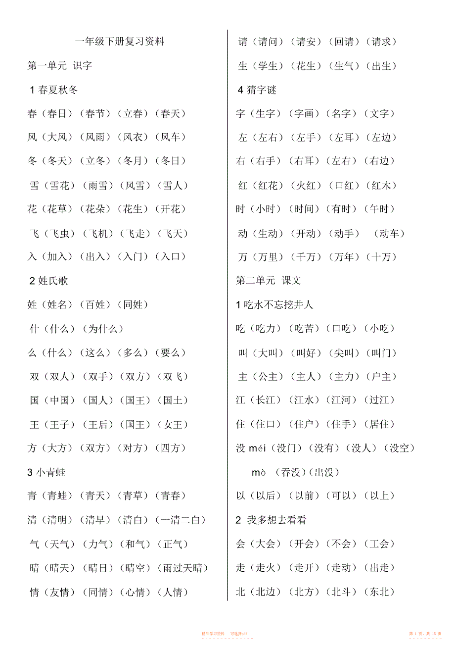 【资料】部编本小学语文一年级下册复习资料全册_第1页