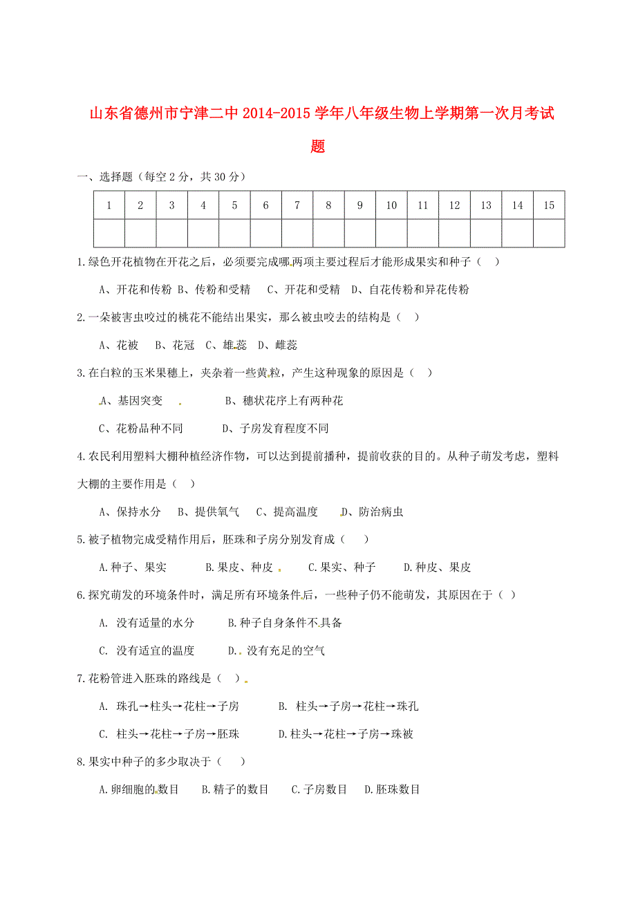 山东省德州市宁津八年级生物上学期第一次月考试题(无答案) 新人教版 试题_第1页