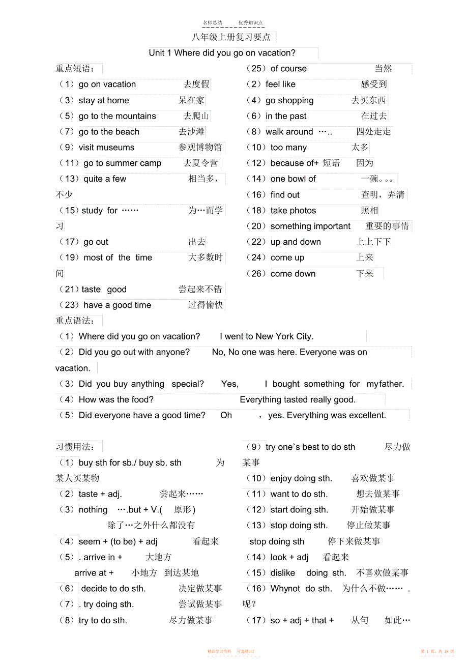 【知识】新人教版八年级上册英语重点知识点短语句型2_第1页