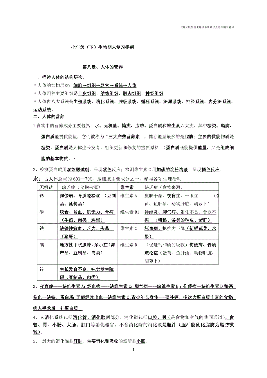 北师大生物七年级下册知识点总结期末复习_第1页