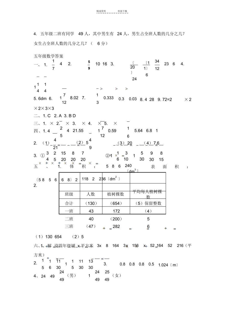 2022年小学五年级下数学练习题及参考答案_第4页