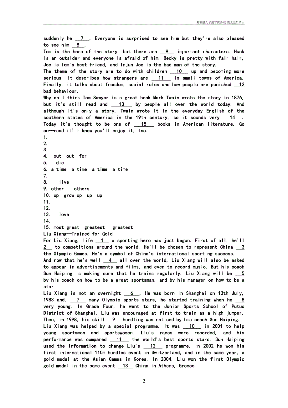 外研九年级下英语u2课文完型填空_第2页