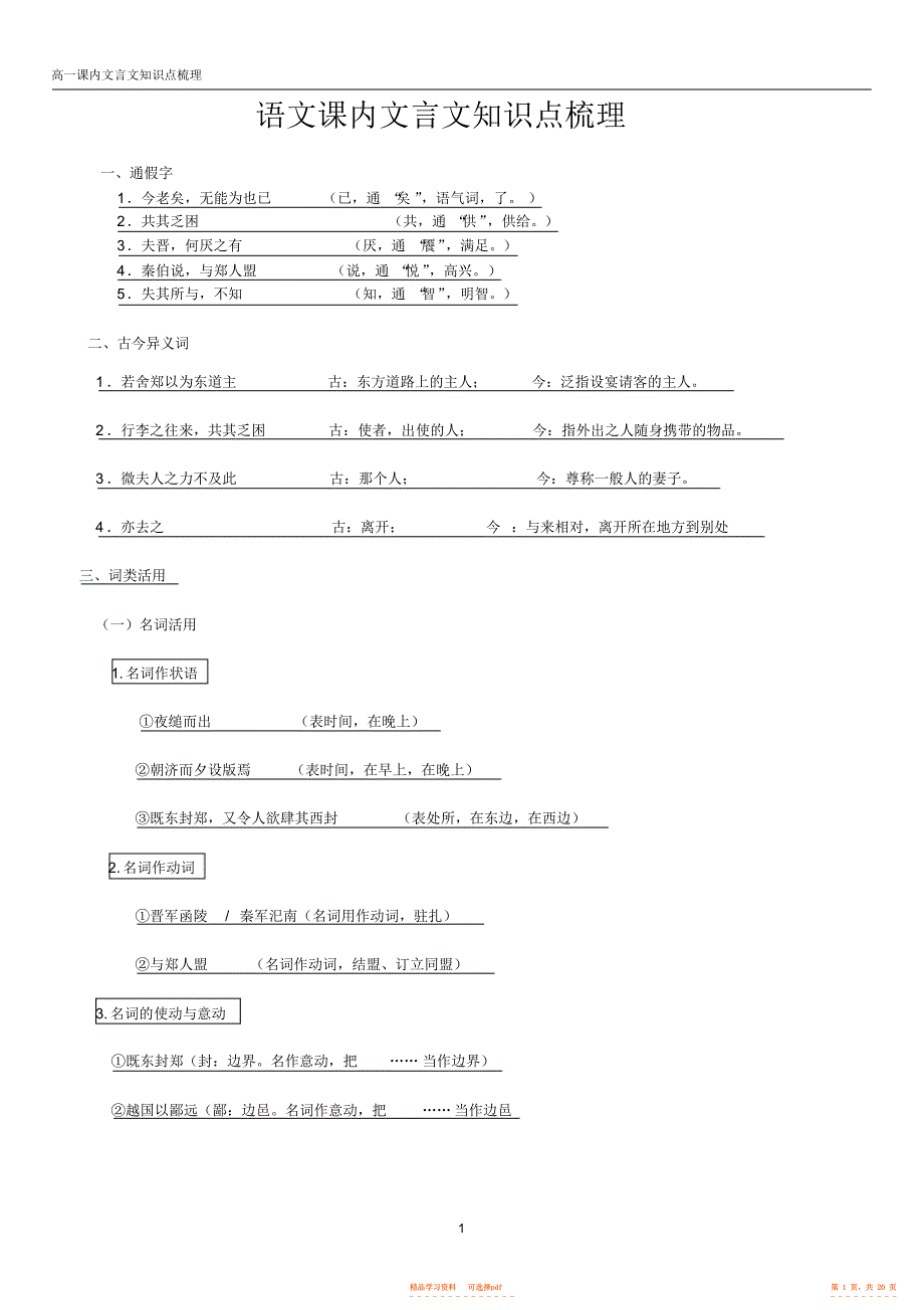 2022年高一语文必修一文言文知识点总结,推荐文档_第1页
