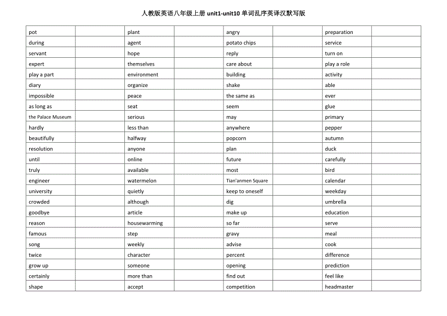 人教版英语八年级上册unit1-unit10单词乱序英译汉默写版_第2页