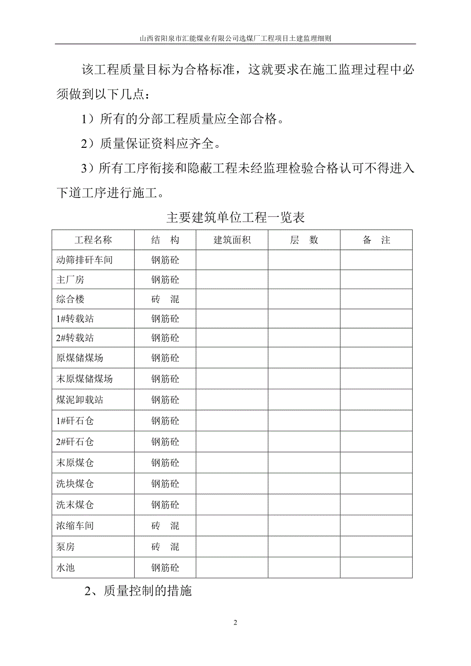 《工程施工土建监理建筑监理资料》阳泉汇能煤业有限公司选煤厂工程项目监理实施细则(土建工程)_第2页