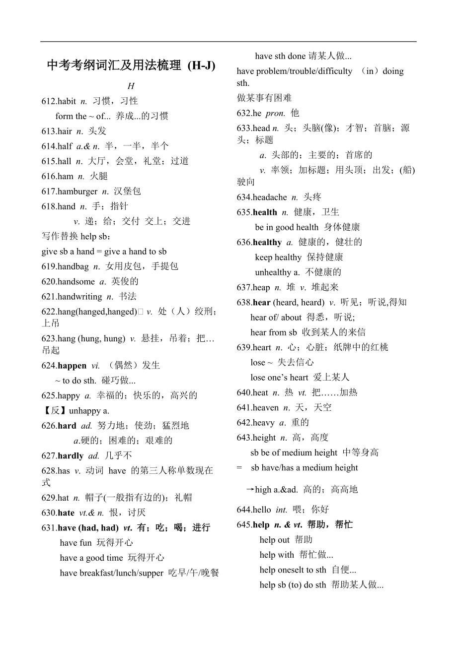 《中考英语总复习》中考考纲词汇及用法梳理（H-J）_第1页