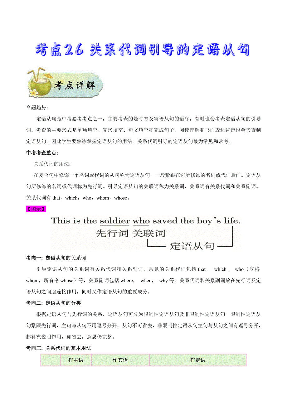 《中考英语总复习》考点26 关系代词引导的定语从句-备战2020年中考英语考点一遍过_第1页