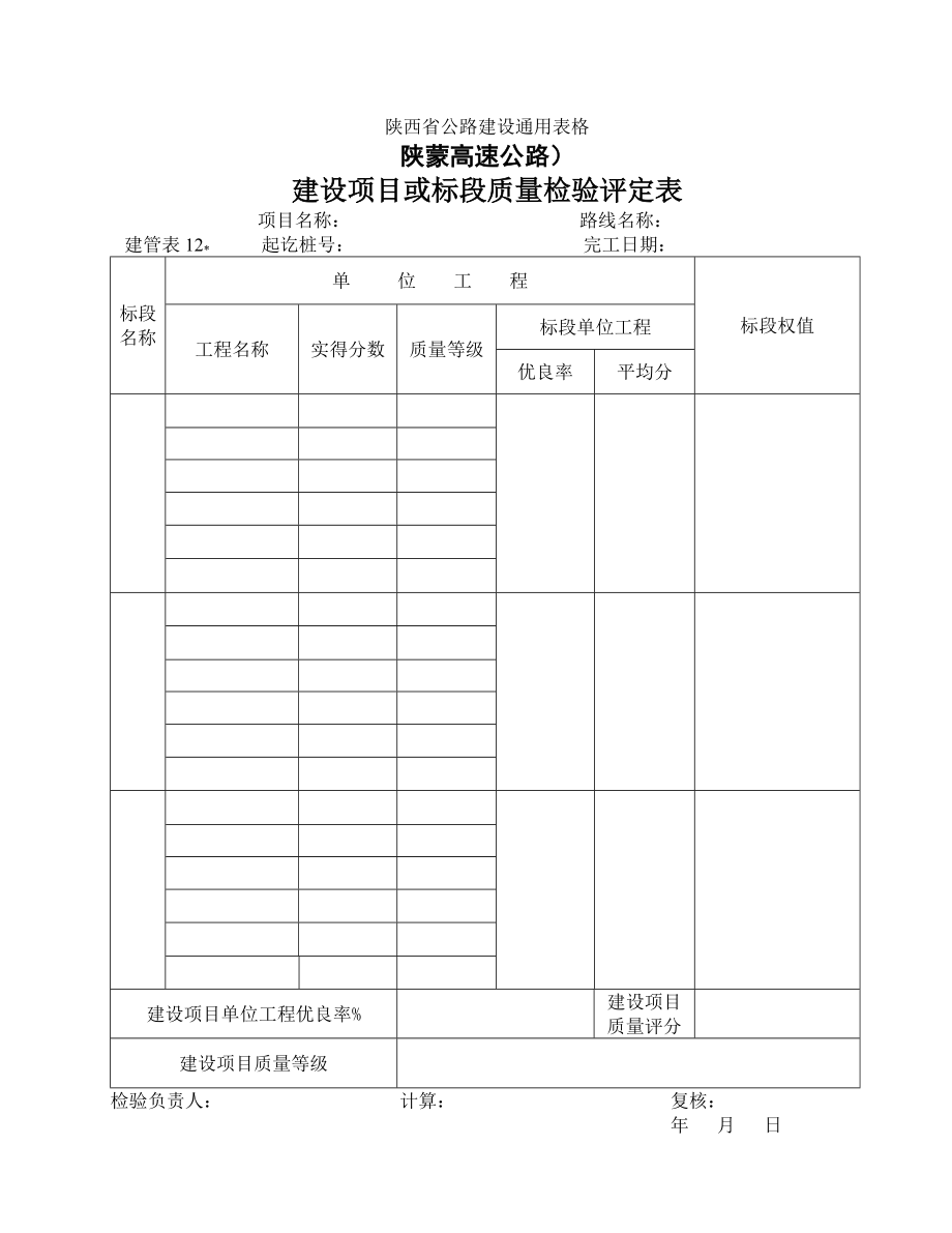 《工程施工土建监理建筑监理资料》建管表12 建设项目或标段质量检验评定表_第1页