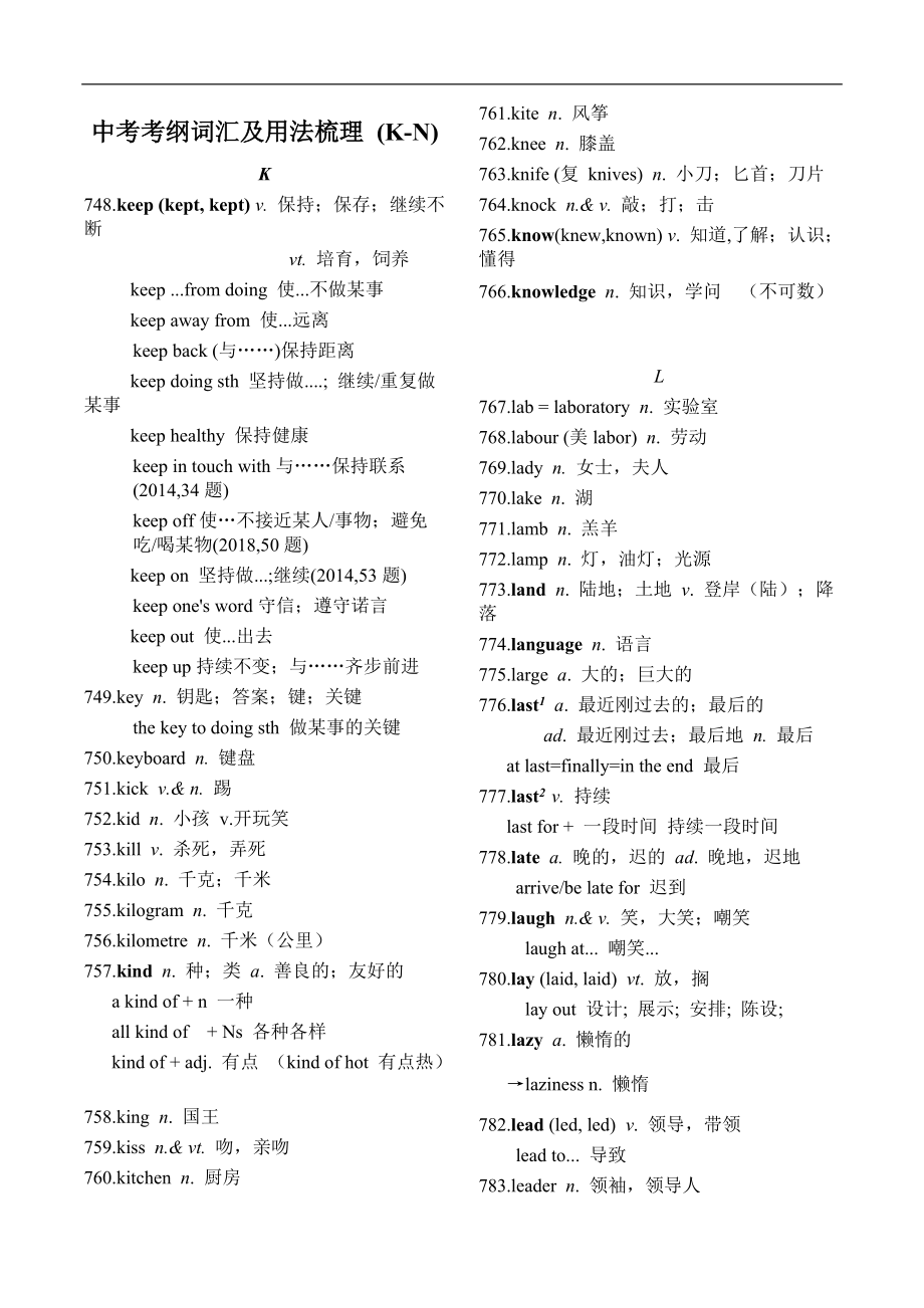 《中考英语总复习》中考考纲词汇及用法梳理(K-N)_第1页